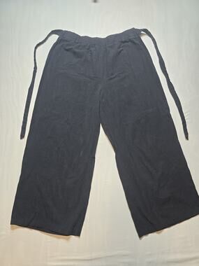 Black Wide-legged Cotton Pants Lounge Yoga Karate Women M/L Built-in Tie Belt